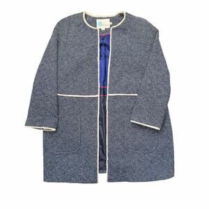 Boden Navy Cream Tweed Jacket Coat Fringe Trim Size 14 Preppy Quiet Luxury